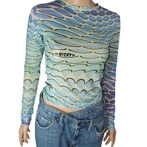 O Mighty Mesh Top Blue Gradient Warp Print Long Sleeve Y2K Indie Size S